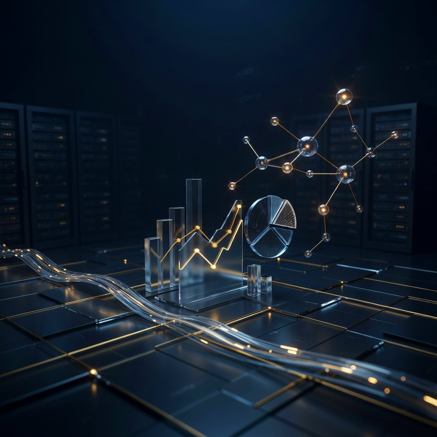 Abstract 3D tech schematic: a glowing network of nodes, glass bar and pie charts and a rising growth line across a dark navy grid